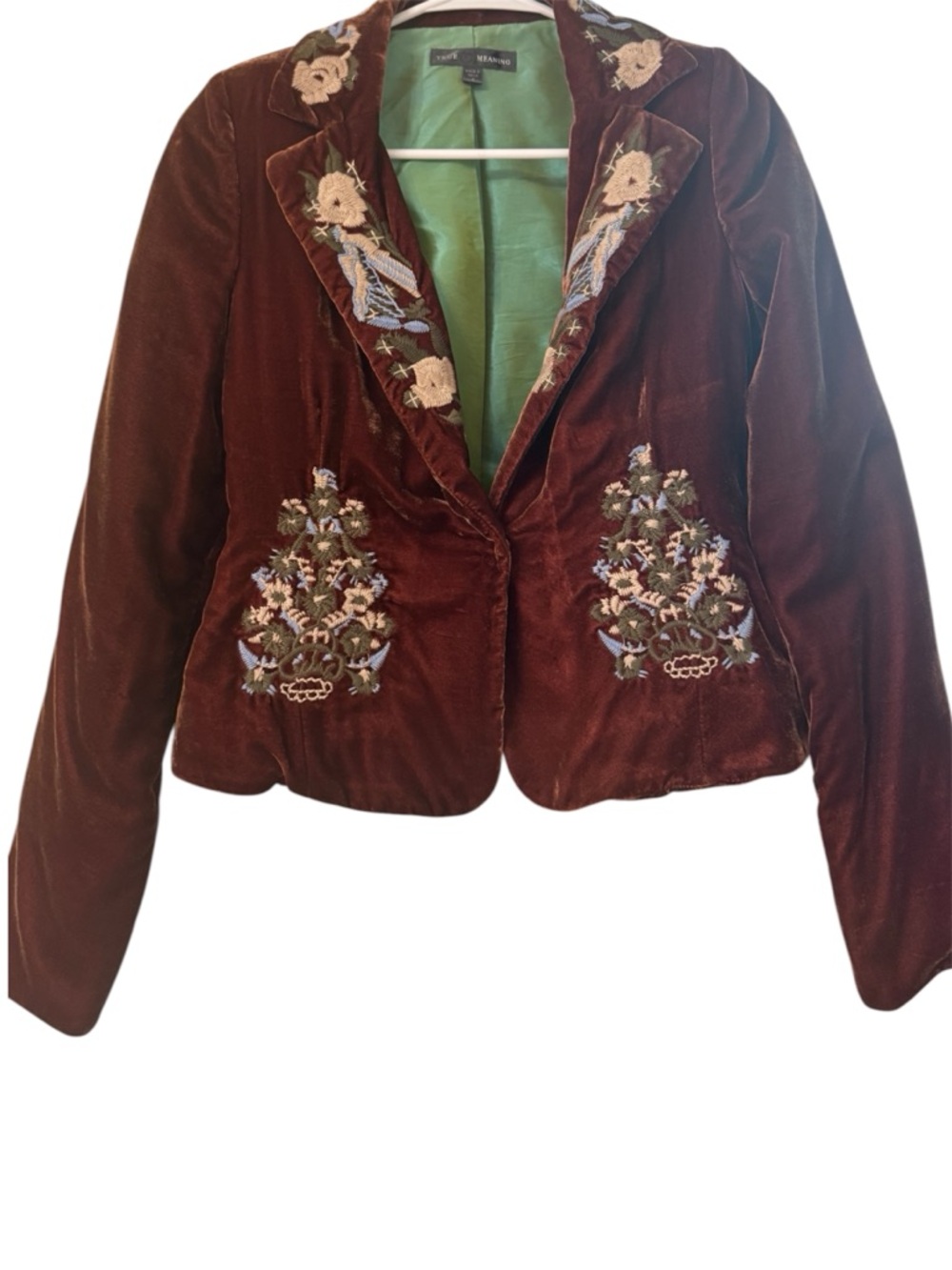 True Meaning Brown Velvet Embroidered Blazer with Green Lining